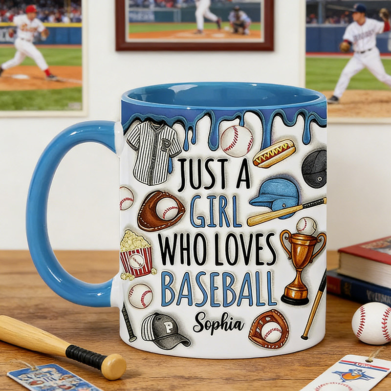 Personalized Baseball Lover’s Mug with "Just a Girl Who Loves Baseball" Design and Custom Name