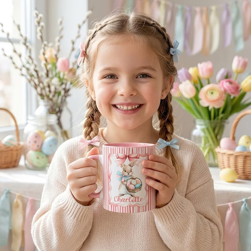 Personalized Cute Easter Egg Bunny 11 oz Accent Mug Custom Name Accent Mug Kids Spring Gift
