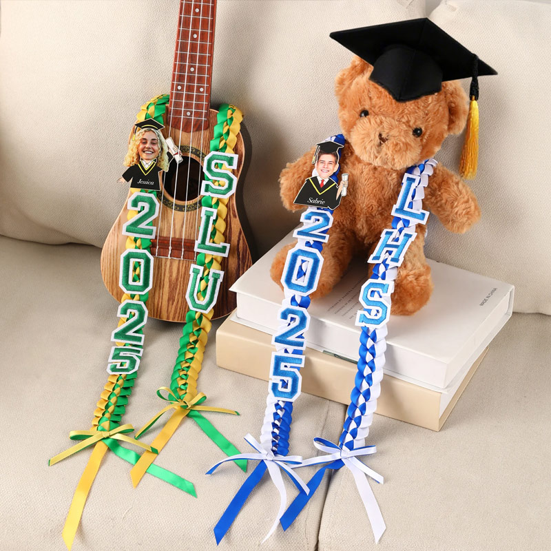 Personalized Cartoon Character Face Photo Bow Two-Colored Braided Ribbon Lei with Name Year and School Graduation Gift for Graduates