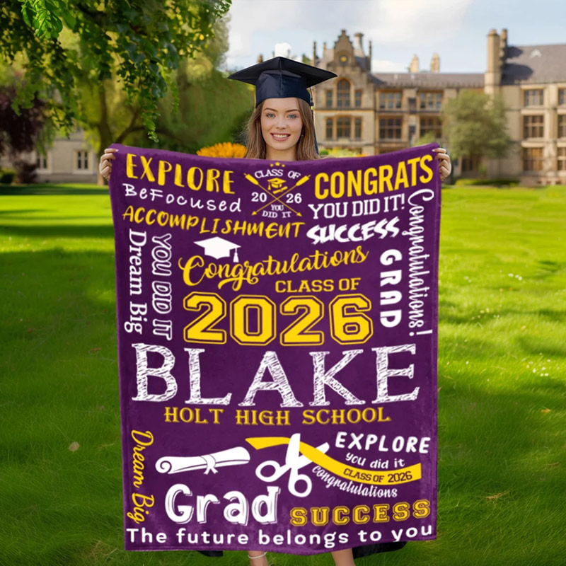 Personalized Graduation Inspiration Multicolor Soft Fleece Name Blanket with Year and School Name Class of 2026 Graduation Gift for Graduate
