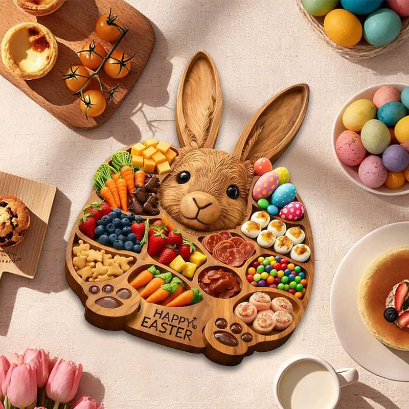Easter Bunny Wooden Charcuterie Board Cute Rabbit-Shaped Serving Tray with Compartments Handmade Rabbit Serving Tray Easter Gift