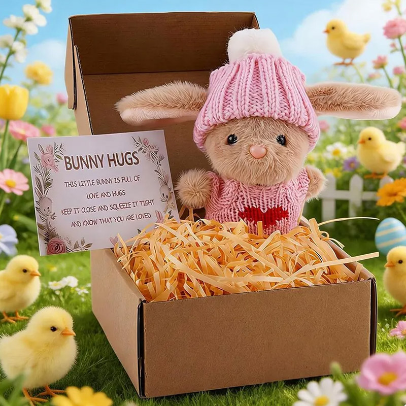 Mini Plush Bunny with Knitted Hat Mini Bunny Easter Gift Box Handmade Crochet Rabbit Plush Easter Gift