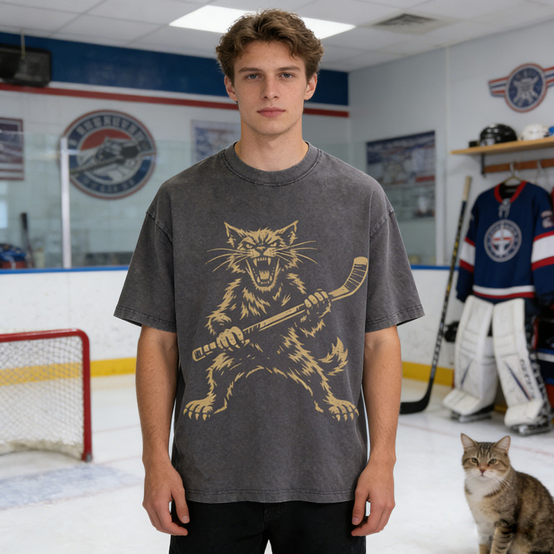 Personalized Cat Hockey Stick Washed T-Shirt Cat Playing Ice Hockey Gift for Hockey Lovers