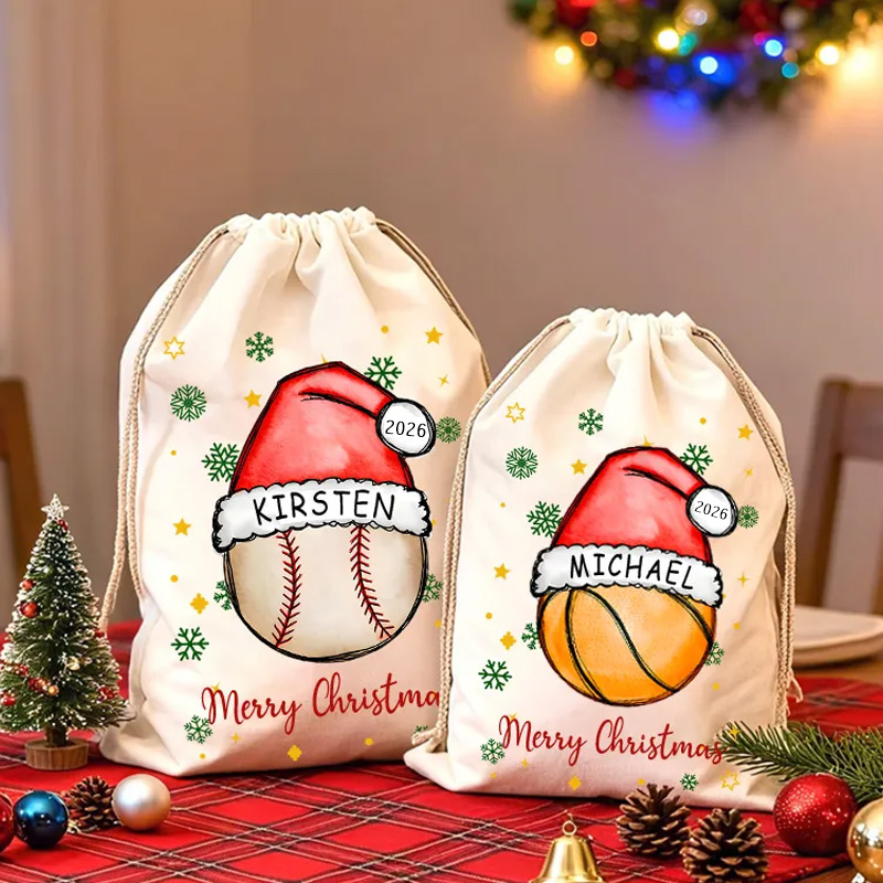 Personalized Merry Christmas Sack with Sports Ball and Custom Name and Year  