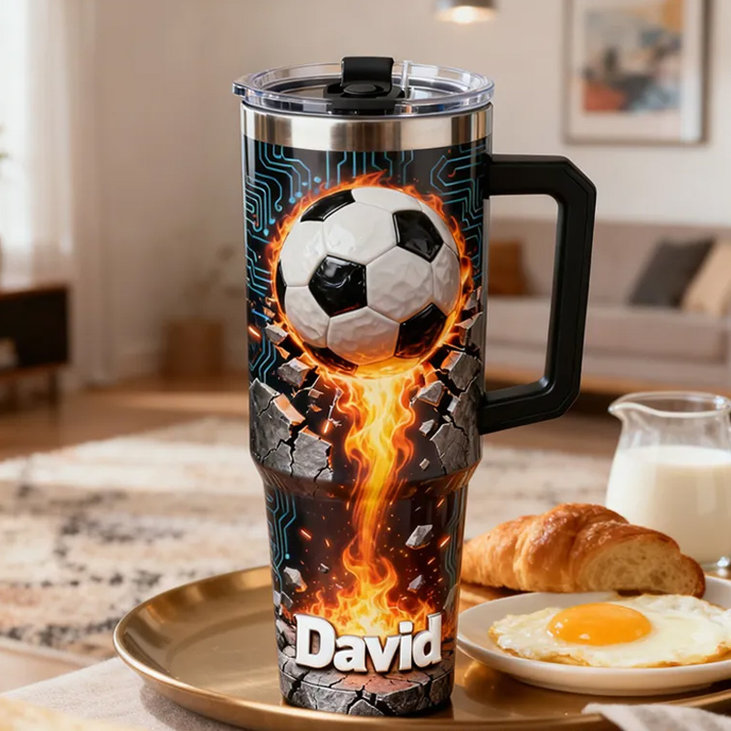 Personalized Soccer Tumbler with Custom Name and Flaming Ball Design for Fans and Athletes
