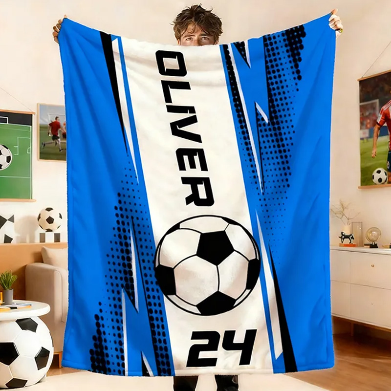 Personalized Soccer Blanket with Custom Name and Jersey Number for Soccer Fans. 