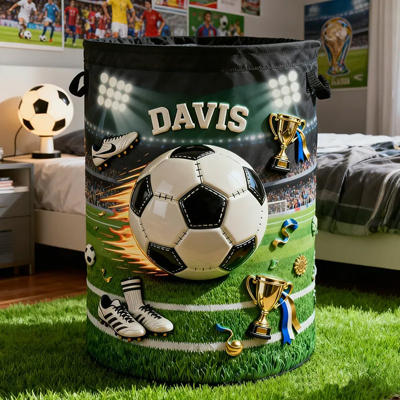 Personalized Soccer Storage Basket with Custom Name and Trophy Design for Kids and Soccer Fans
