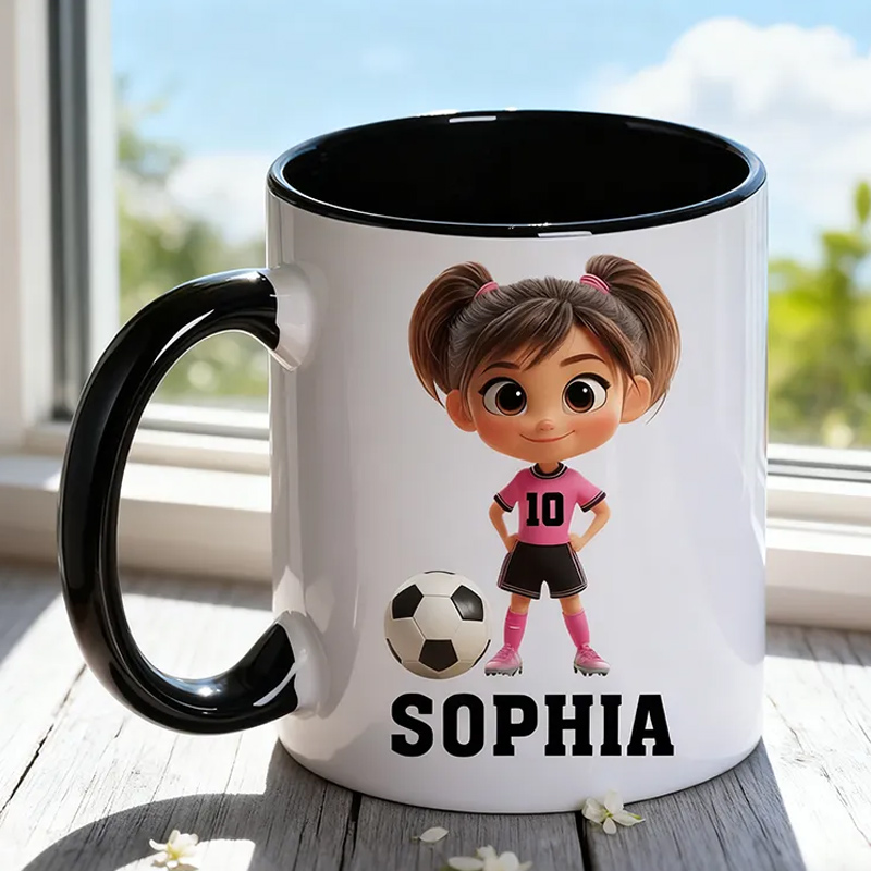 Personalized Soccer Mug with Custom Name and Cartoon Character Design
