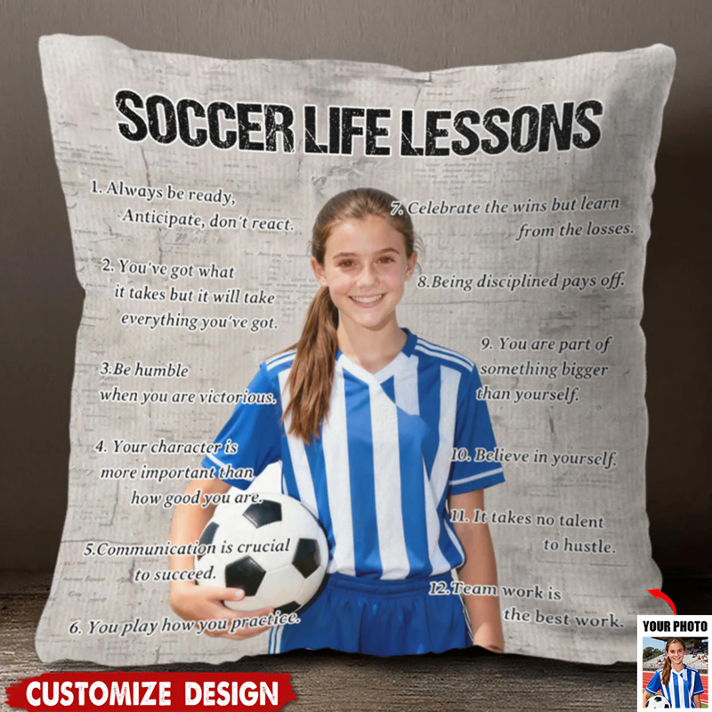 Personalized Soccer Life Lessons Pillow with Custom Photo and Inspirational Quotes