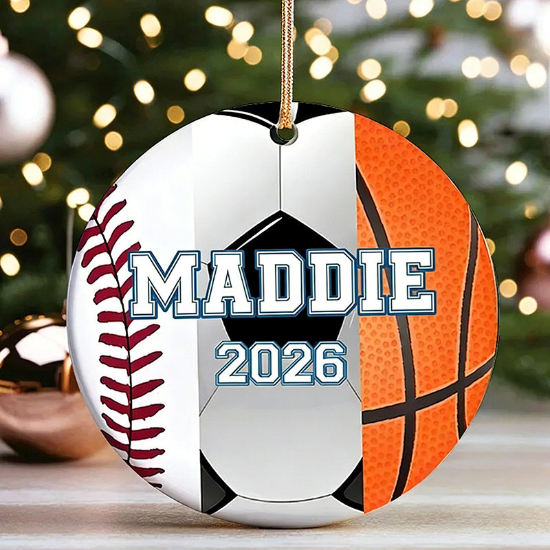 Personalized Baseball,Soccer and Basketball Design Ceramic Christmas Ornament with Custom Name and Year  