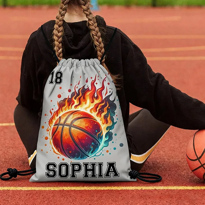Personalized Sports Drawstring Bag with Flaming Basketball Soccer Volleyball and Baseball Designs Custom Name and Number Backpack