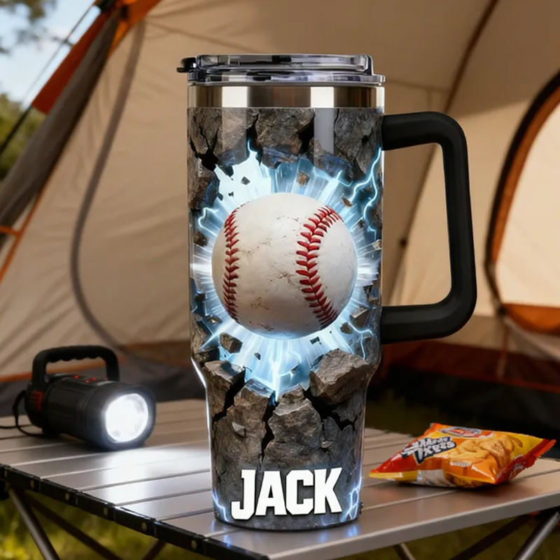 Personalized Baseball Tumbler with Custom Name and Cracked Design for Baseball Lover