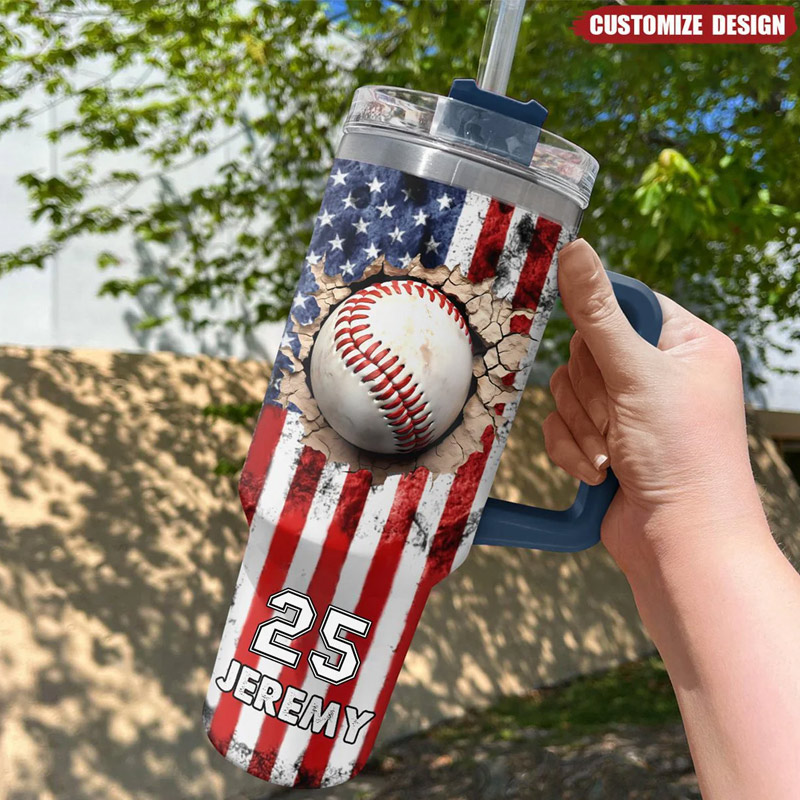 Personalized Baseball Tumbler with Custom Name, Number, and American Flag Design