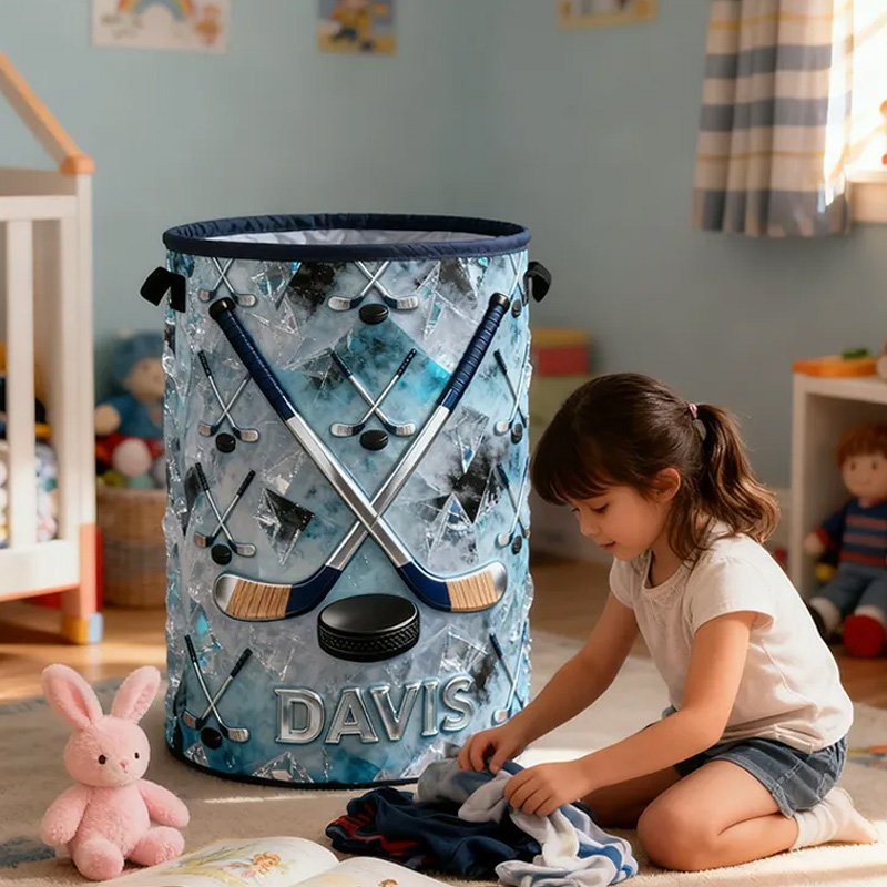 Personalized Ice Hockey Storage Basket with Custom Name and Crossed Sticks Design for Fans and Athletes