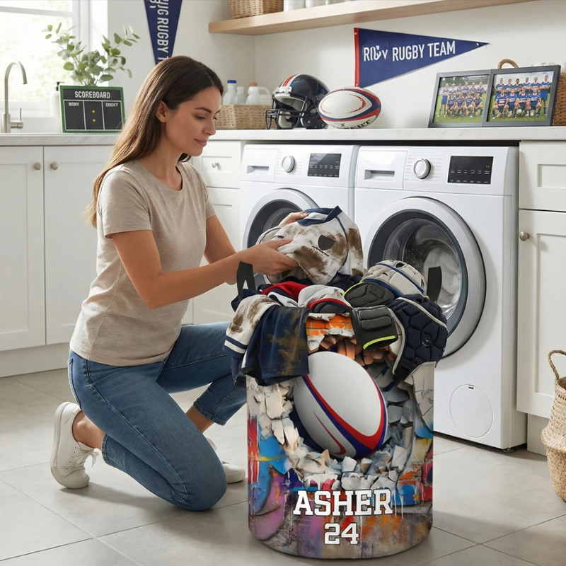 Personalized Sports Ball Design Waterproof Storage Laundry Basket with Handle and Number Name Birthday Housewarming Gift for Ball Sports Lovers