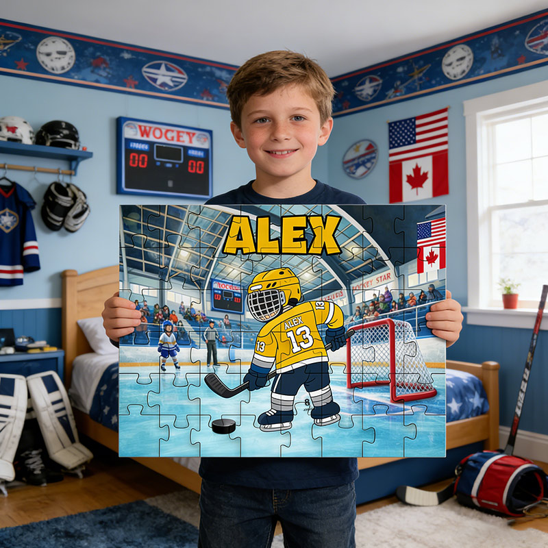 Personalized Hockey Puzzle Adorable Ice Hockey Player for Kids with Custom Jersey Name and Number