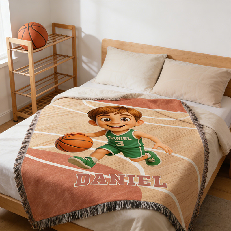 Personalized Basketball Woven Blanket Custom Photo Name and Number for Basketball Fans