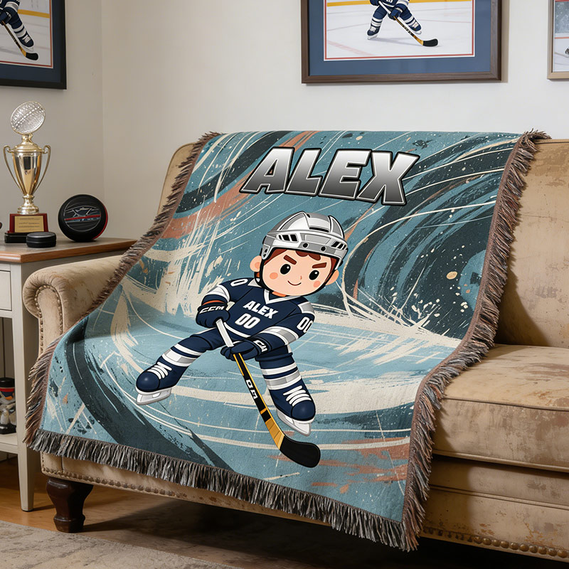 Personalized Hockey Woven Blanket Ice Hockey Player with Custom Name and Number Perfect Gift for Hockey Enthusiasts