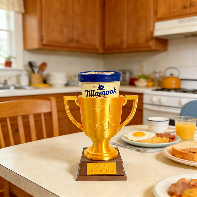 Personalized Champs Trophy Ice Cream Pint Holder Sports Golden Trophy with Custom Text and Number Gift for Dad