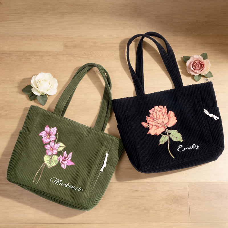Personalized Birth Flower Corduroy Large Capacity Tote Bag with Name Daily Use Birthday Gift for Women