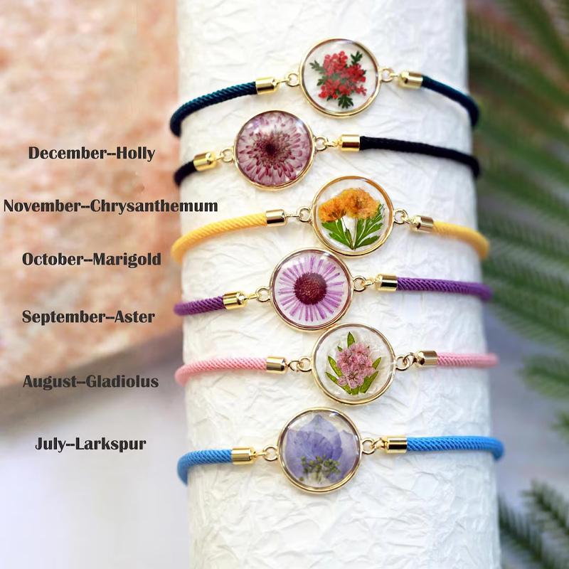 Personalised Birth Month Flower Bracelet Birthday Gift Pressed Flower Adjustable Bracelet Forgetme Bracelet