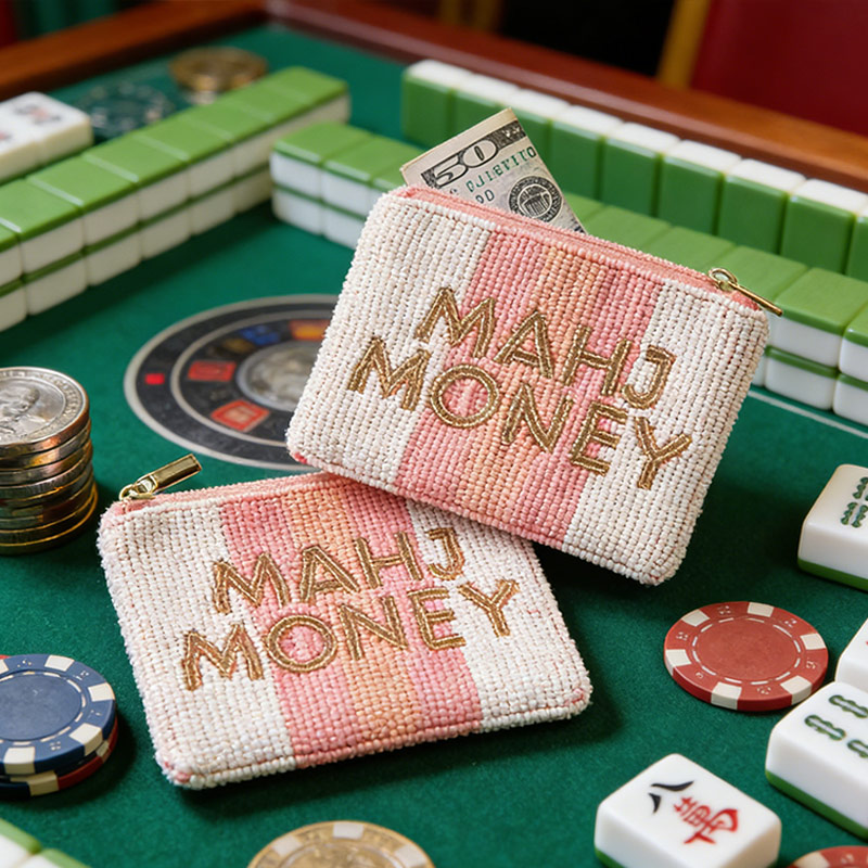 Personalized Pink and White Stripes Mahj Money Mahjong Coin Purse Rice Bead Coin Purse Cash Coin Purse