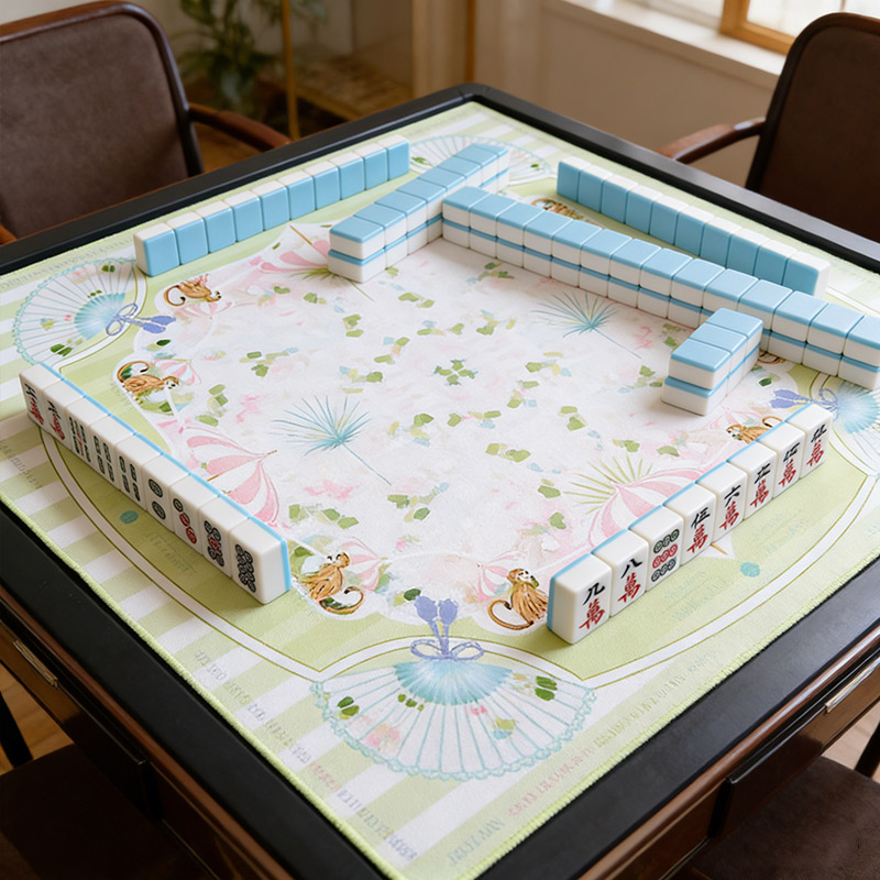 Personalized Green Monkey Fan Mahjong Mat Custom Name Mat Luxury Floral Game Board for Mah jongg Lovers