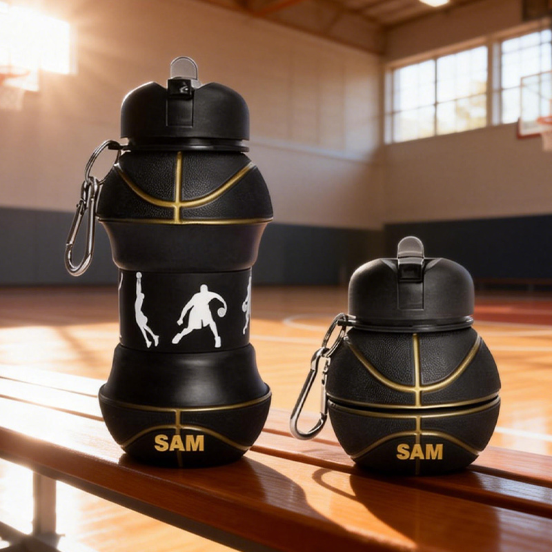 Personalized Foldable Basketball Water Cup Silicone Black Golden Basketball Sports Water Bottle Custom Name Gift for Basketball Lovers