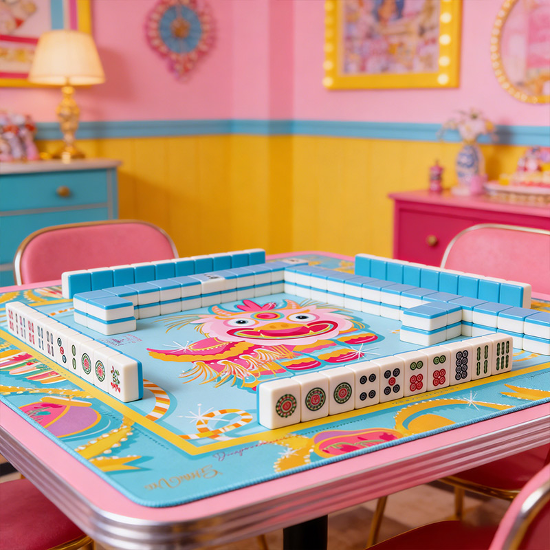 Pink Lion Dance Mahjong Mat Cute Lion Mat for Mah jongg Lovers