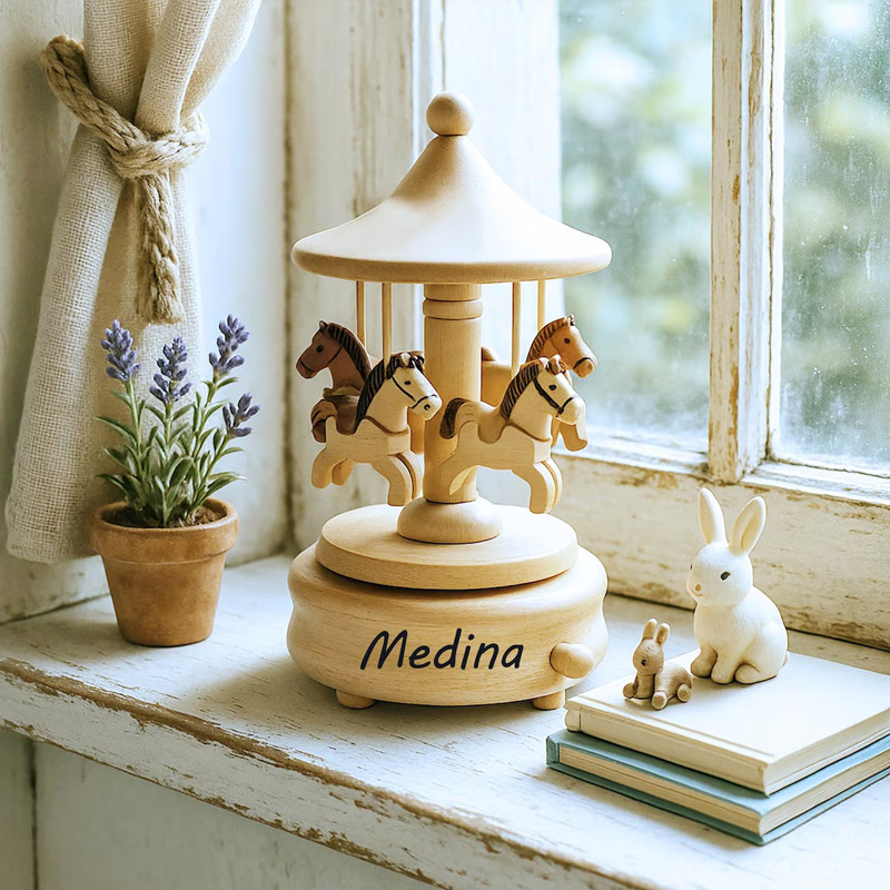 Personalized Wooden Carousel Music Box Newborn Baby Keepsake Mother's Day Gift