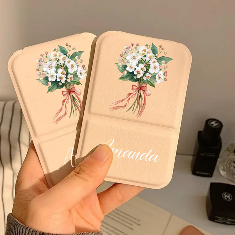 Personalized Square Makeup Mirror Pocket Mirror with Custom Name and Flowers Mother's Day Gift for Her