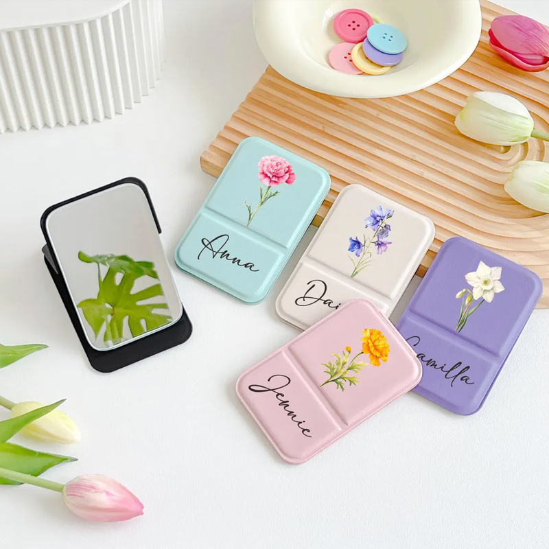 Personalized Square Makeup Mirror Pocket Mirror with Custom Birth Flower and Name Mother's Day Gift