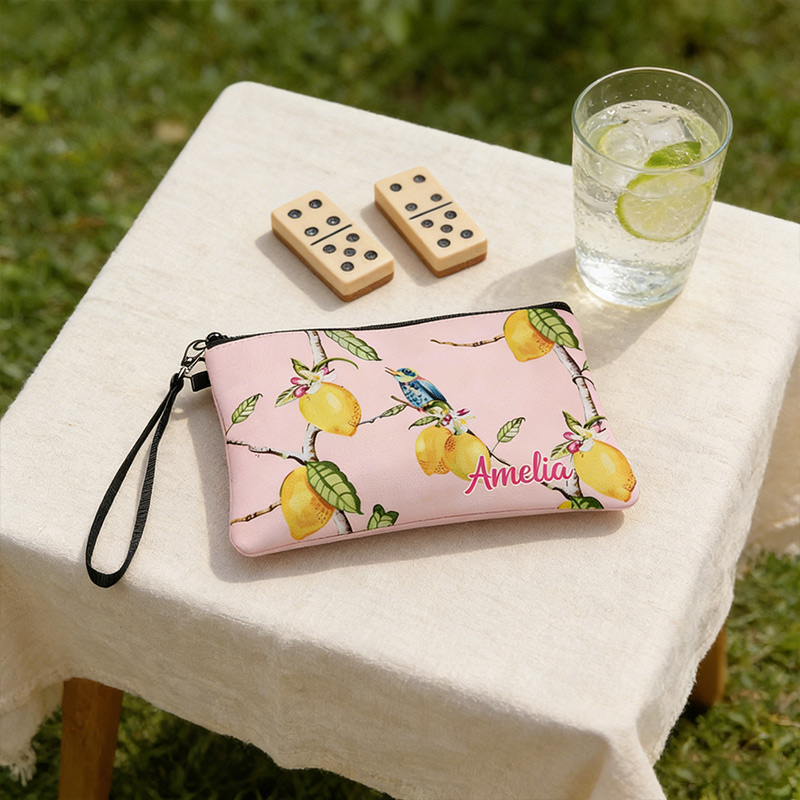 Personalized Mahjong Name Linen Handbag Pink Bird and Lemon with Zipper and Wrist Strap Gift for Mahjong Lovers