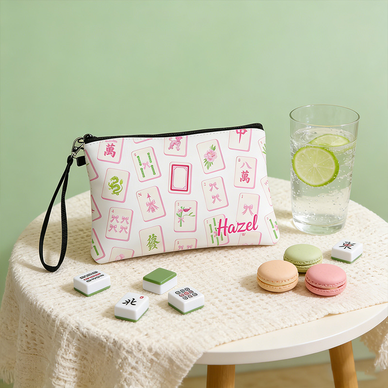 Personalized Mahjong Name Linen Handbag Pink Bow with Zipper and Wrist Strap Gift for Mahjong Lovers