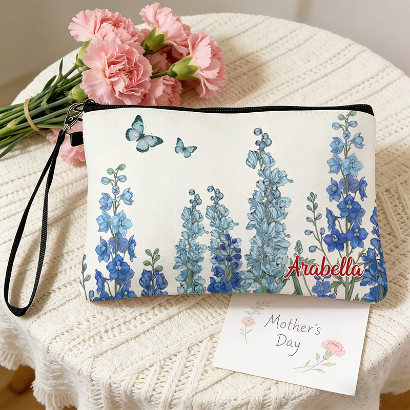 Personalized Name Linen Handbag Mother's Day Birthday Flowers with Zipper and Wrist Strap Gift for Mom