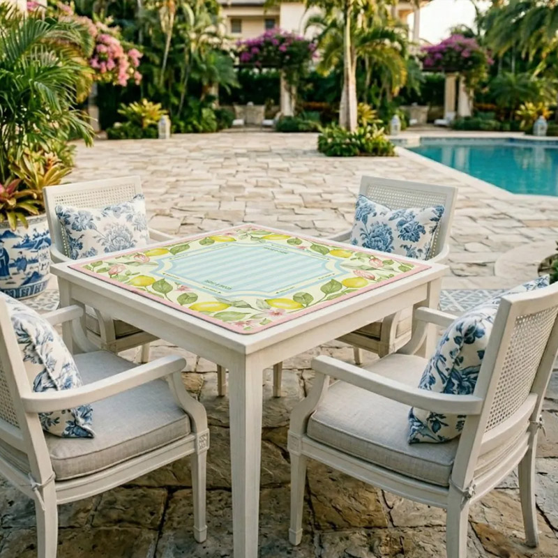 Lemon Blossoms and Blue Stripes Mahjong Mat Non-Slip Neoprene Game Mat for Mahjong Lovers