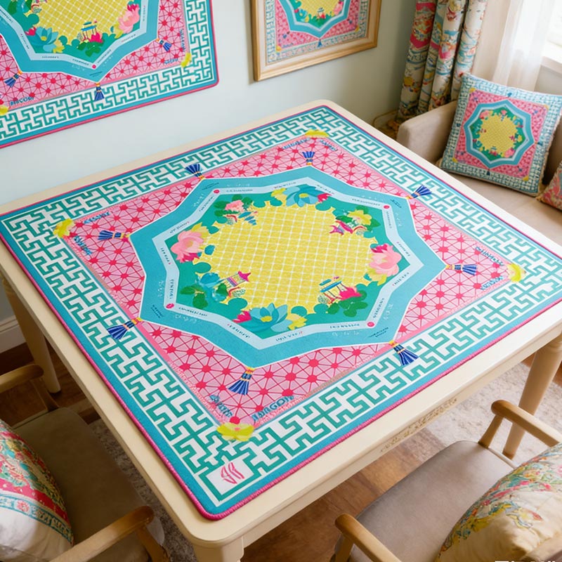 Personalized Initials Mahjong Mat Lotus Pavilion Print Mahjong Mat Non-Slip Neoprene Game Mat for Mahjong Lovers