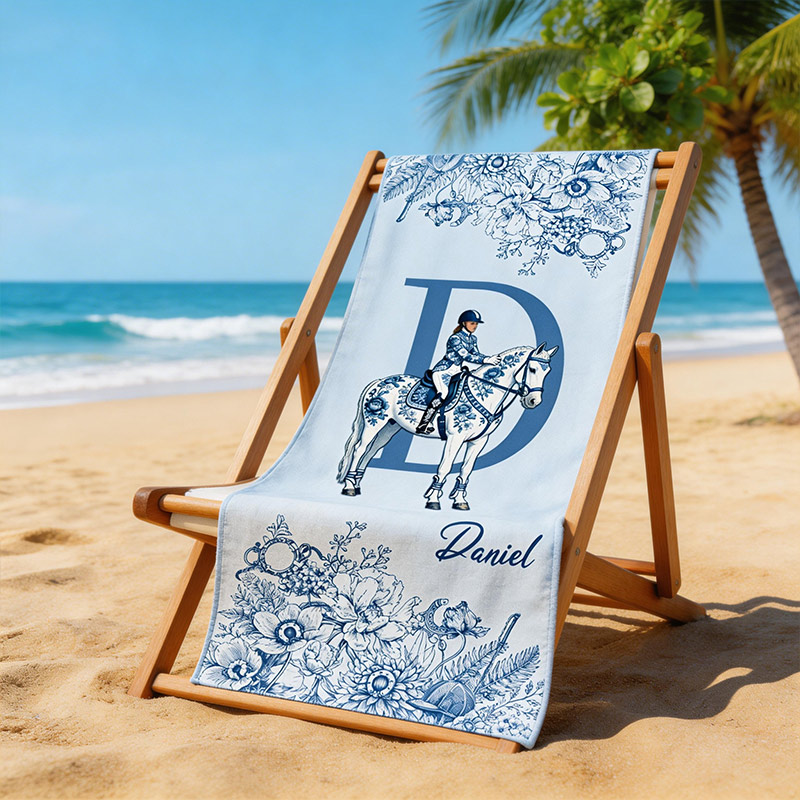 Personalized Equestrian Beach Towel Custom Name Monogram Horse Riding Gift Blue Floral Coastal Towel for Kids & Adults
