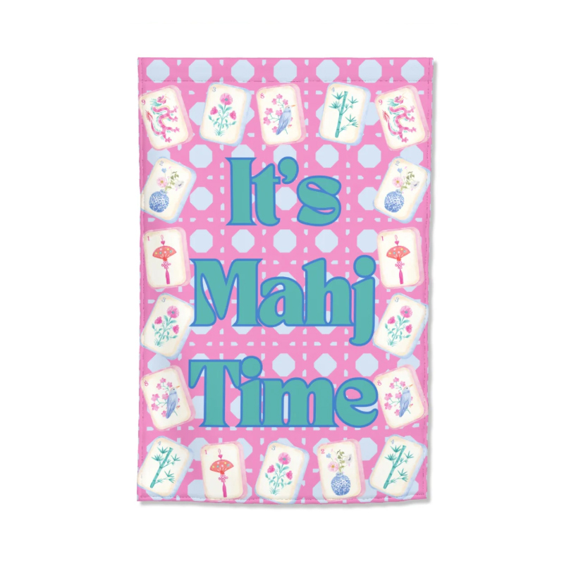Pink Polka Dot Mahjong Garden Flag "It's Mahj Time" Floral Banner