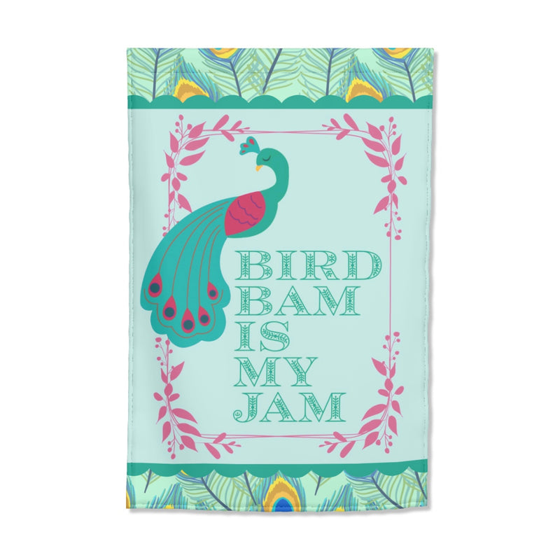 Whimsical "Bird Bam Is My Jam" Garden Flag Peacock Feather Border