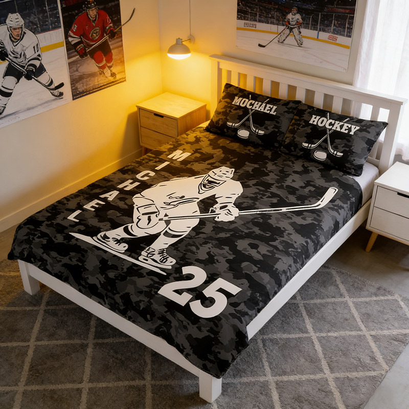 Personalized Hockey Player Bedding Set with Custom Name and Number Hockey Lovers Gift for Him