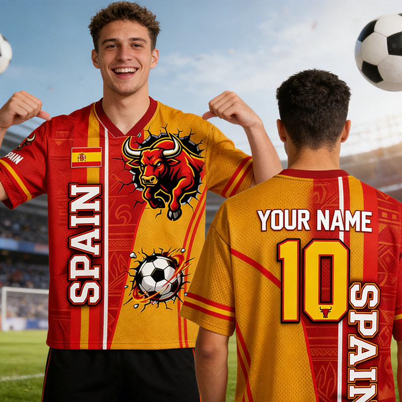 Personalized Spain Fan Mesh Jeresy Shirt Custom Name Number Soccer T Shirt Bull Supporter Gift