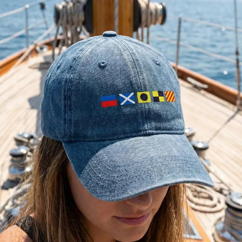 Personalized Distressed Denim Cap Custom Name In Nautical Flags Sailing Gift For Maritime Dad Captain