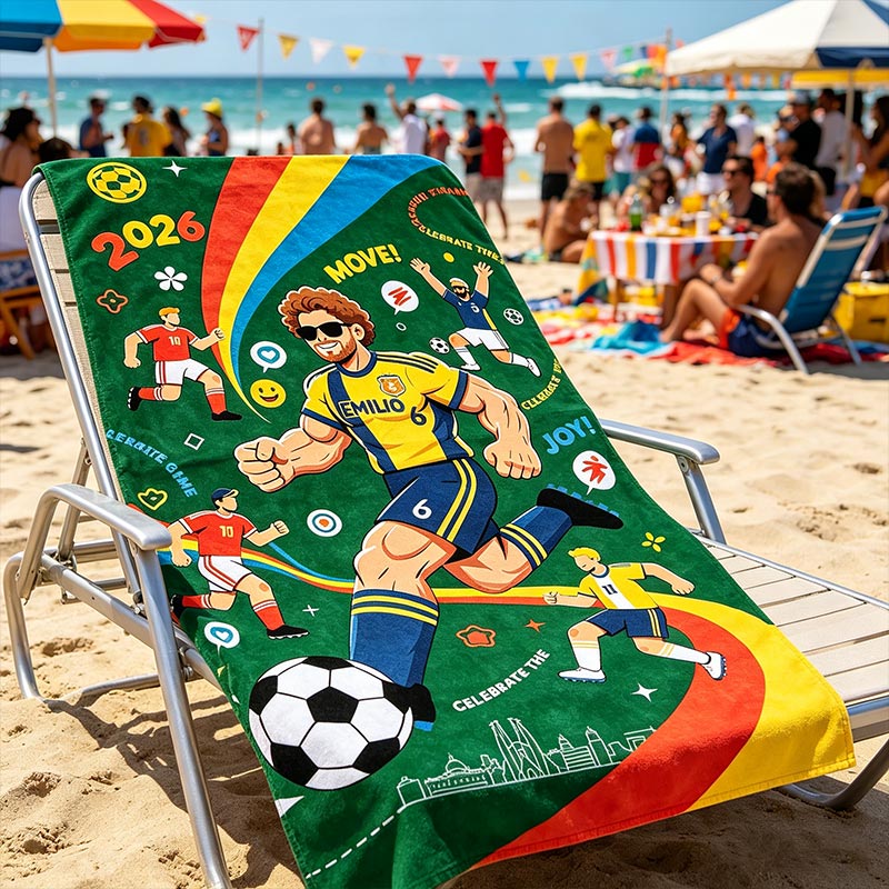 Personalized Cartoon Football Player Print Beach Towel 2026 Quick-Dry Oversized Bath Towel Custom Name Number for Soccer Fans Summer Travel