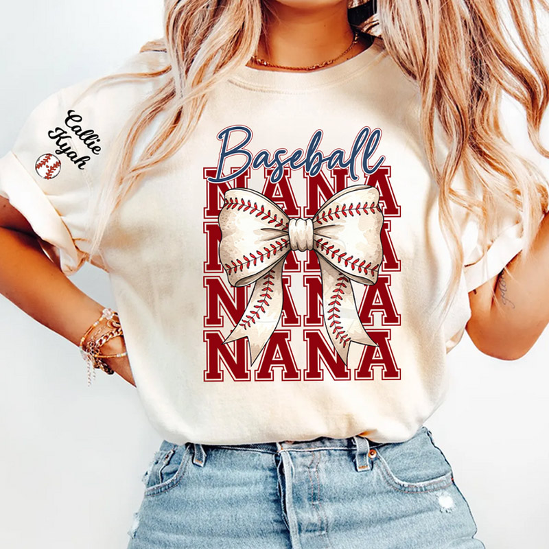 Personalized Bow Tie Baseball Softball Mama T-Shirt Customized with Names Gift for Baseball and Softball Moms and Grandmas