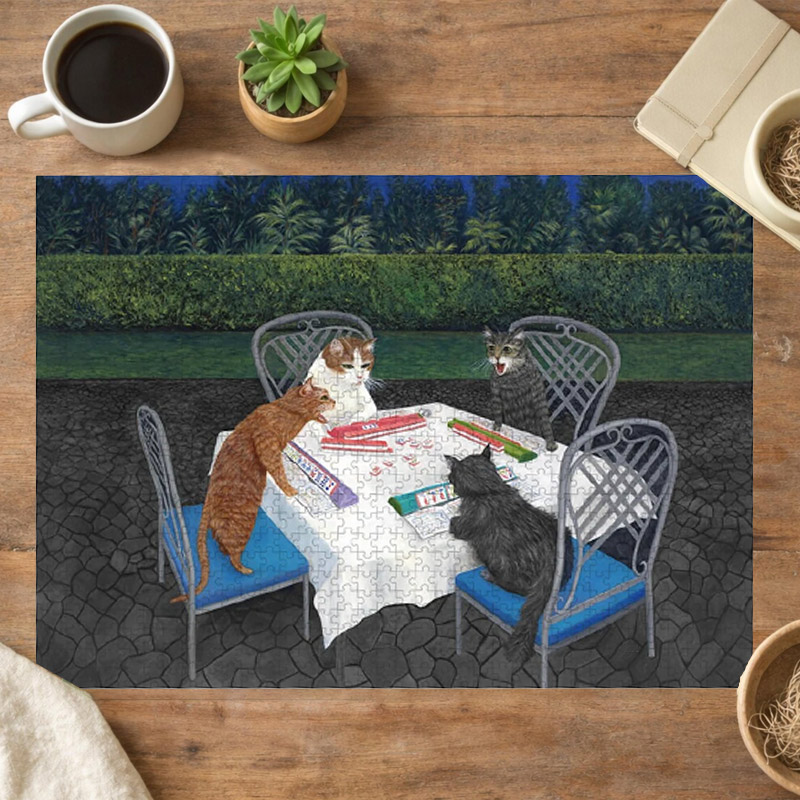 Cats Playing Mahjong Jigsaw Puzzle Whimsical Feline Garden Gift for Mahjong Lovers