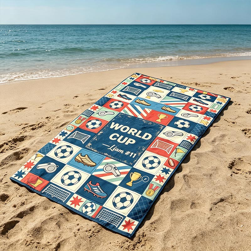 Personalized Soccer World Cup Beach Towel Custom Name and Number Quick Dry Microfiber Football Fan Towel