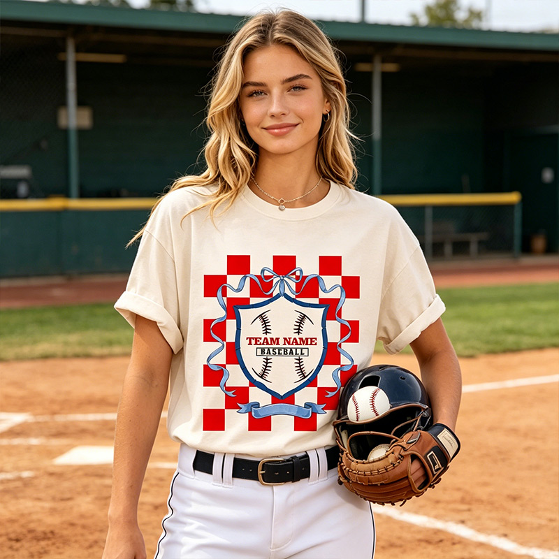 Personalized Baseball T-Shirts with Checkered Bows Gift for Baseball Fans