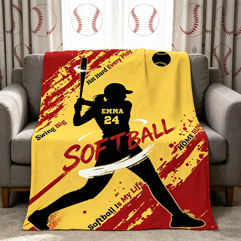 Personalized Softball Player Flannel Blanket Custom Name & Number Softball Is My Life Gift for Softball Lovers