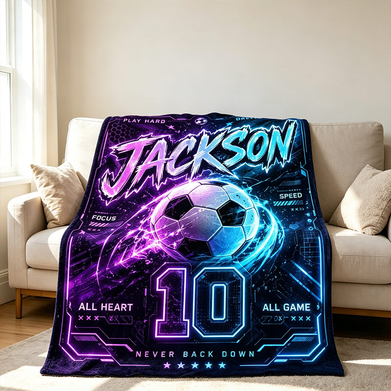 Personalized Football Flannel Blanket Neon Electronic Custom Name & Number Gift for Football Lovers
